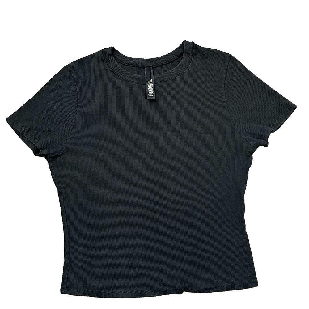 SKIMS Cotton Ribbed T-Shirt - Womens L - Soot Black Fitted Short Sleeve Tee
